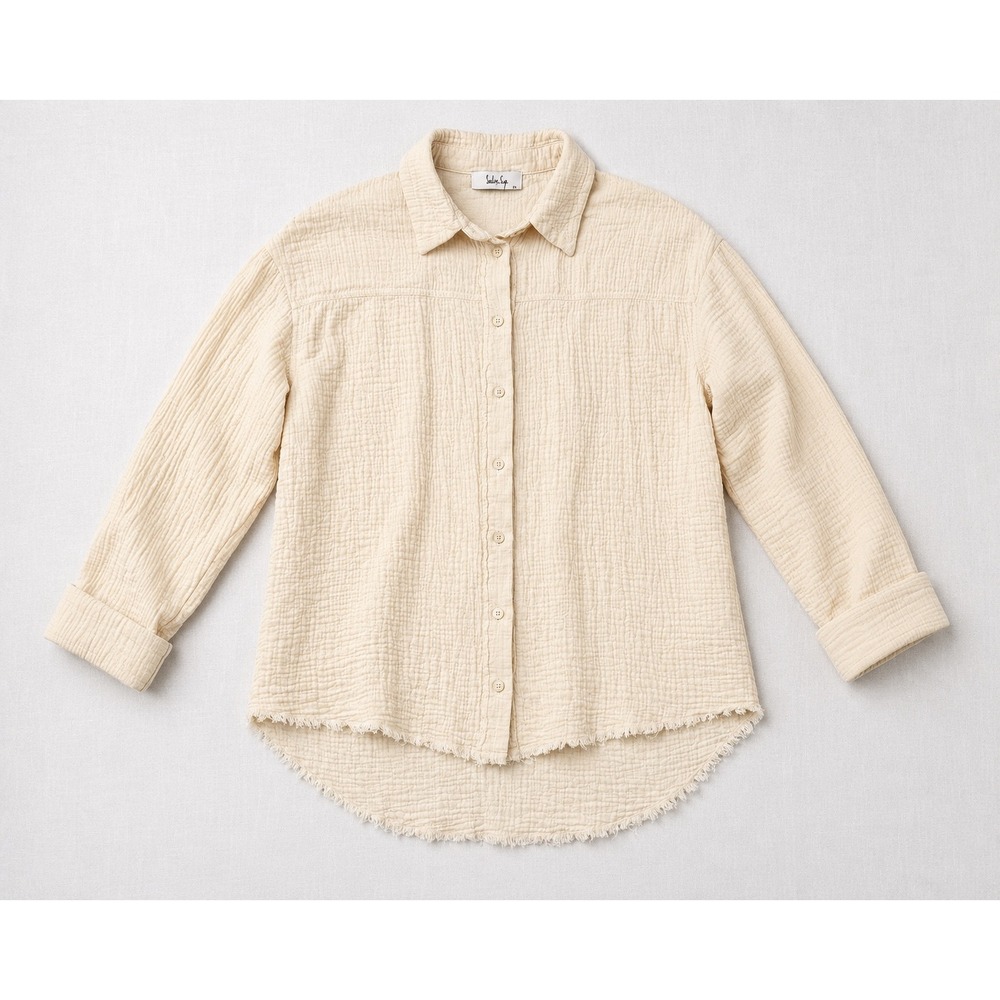 Sadie & Sage Womens XS Cream Cotton Double Gauze‎ Button Down Frayed Hem Shirt